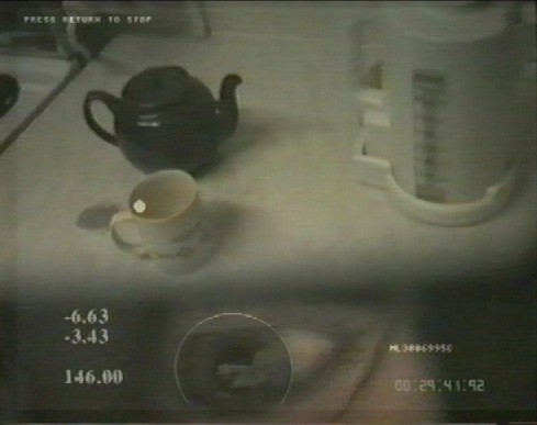 Mike making a cup of tea in 1999 - the view from his eye tracker - the white spot shows where he was looking
