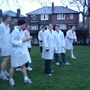 Andy SIms lab coat running race 2007, with Rob Clarke and Claire Trinder (nee Wilson)