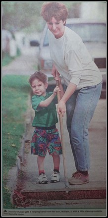 William helping Mom with yard work in April 1994 (Danville newspaper clipping).